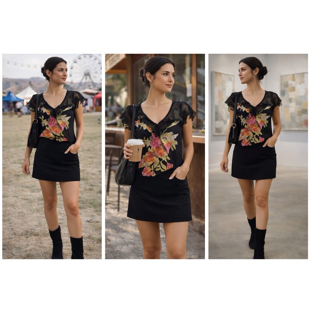 Vtg Rouge Top M Silk  Black Sheer Floral Chiffon Ruffle Boho‎ Festival Y2K